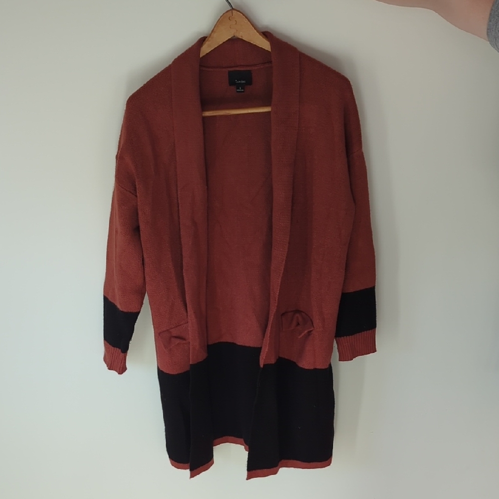 Anthropologie Cardigan Black Terra Cotta Pockets Roll Neck Long